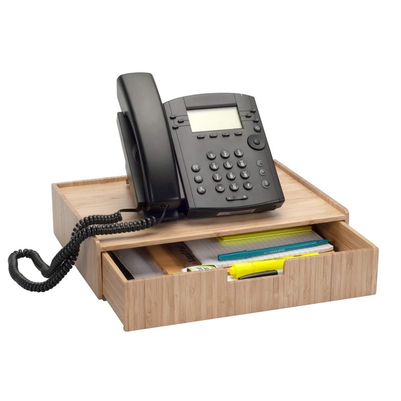 MobileVision Bamboo Telephone Stand with Drawer Stackable Storage Solution for Office Products Pens, Pencils, Scissors, Notepads, Business Cards and More - Image 1